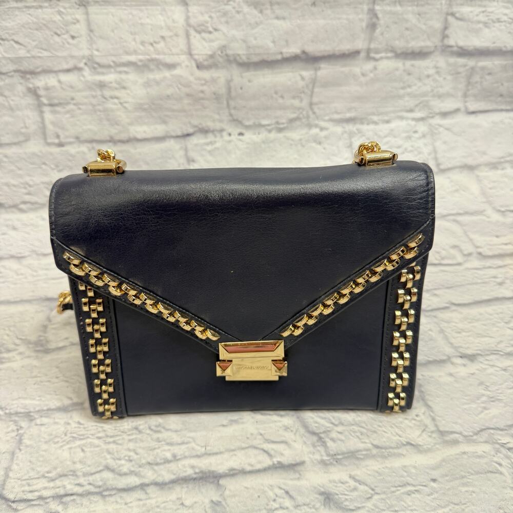 Michael Kors Whitney Studded Frame Shoulder Bag Navy Blue Gold Chain - Picture 2 of 10